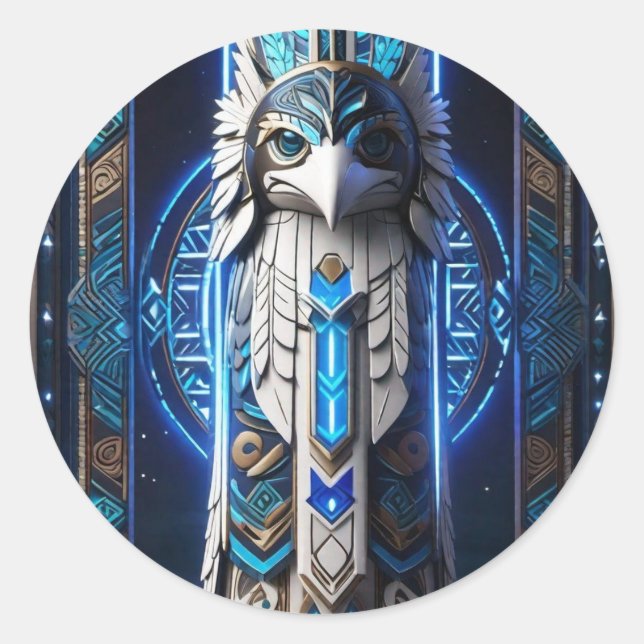 Pegatina Redonda Tótem azul raven blanco (Anverso)