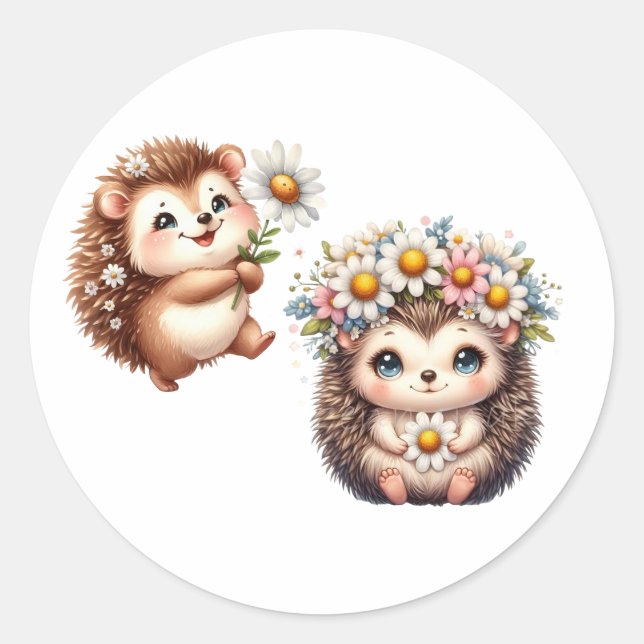Pegatina Redonda  Tow cuteRomantic Floral Hedgehog Duo Illustration (Anverso)