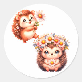 Pegatina Redonda  Tow cuteRomantic Floral Hedgehog Duo Illustration