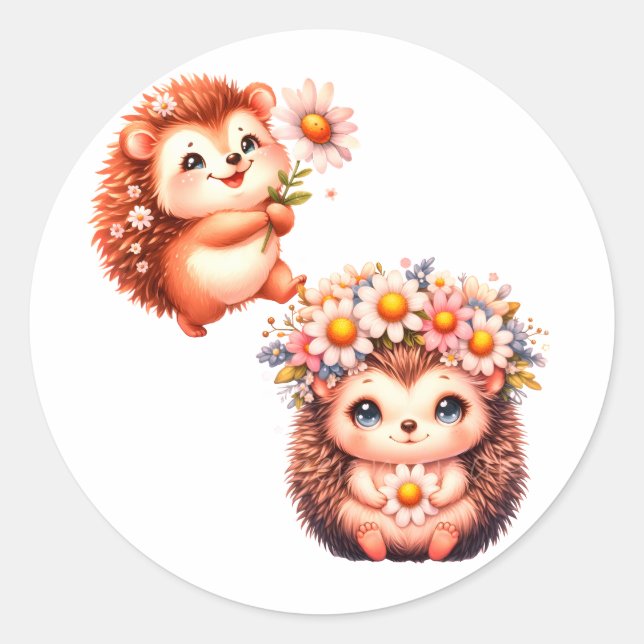 Pegatina Redonda  Tow cuteRomantic Floral Hedgehog Duo Illustration (Anverso)