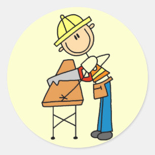Pegatina Redonda Trabajador de Construcción Sierrando Tabla