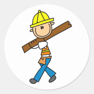 Pegatina Redonda Trabajador de la Construcción con Madera