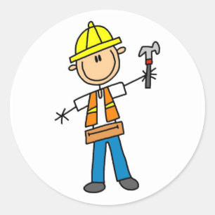 Pegatina Redonda Trabajador de la construcción con martillo