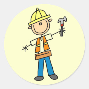 Pegatina Redonda Trabajador de la construcción con martillo