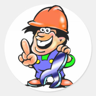 Pegatina Redonda Trabajador de la construcción de mecánico de dibuj