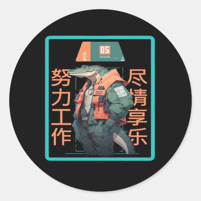 Pegatina Redonda Trabajar duro para jugar tan duro cocodrilo (Anverso)