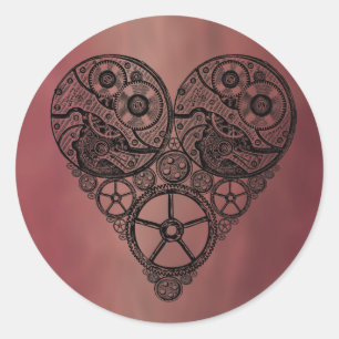Pegatina Redonda Trabajos de reloj Steampunk y corazón de engranaje