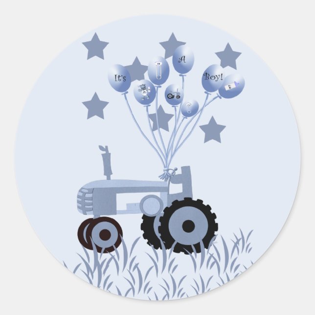 Pegatina Redonda Tractor azul bebé con Pegatinas de globos (Anverso)