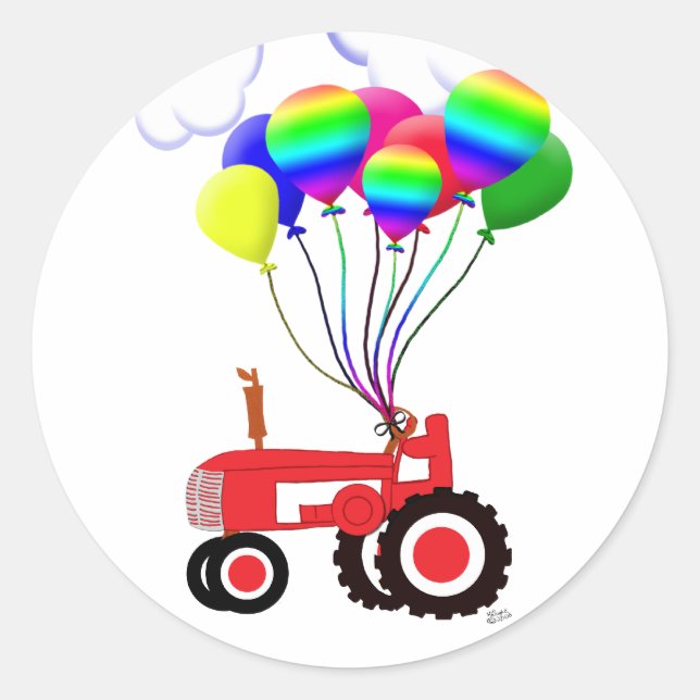Pegatina Redonda Tractor con globos (Anverso)