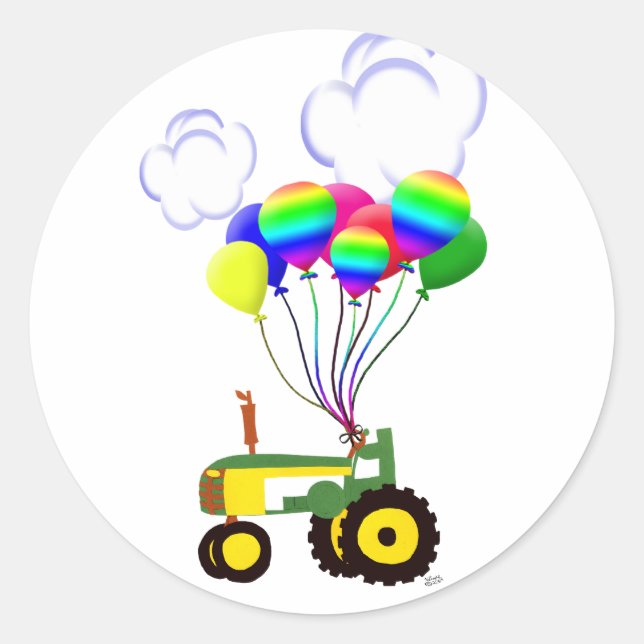 Pegatina Redonda Tractor con globos (Anverso)