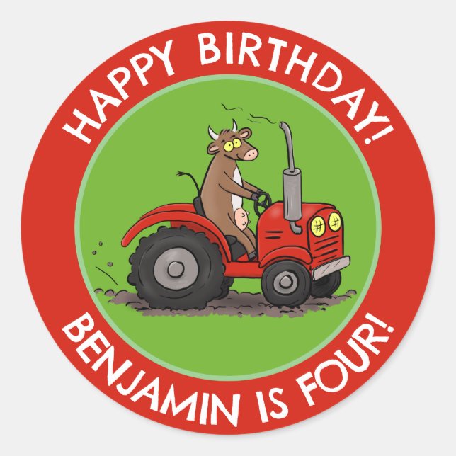 Pegatina Redonda Tractor de cabalgatas vacas lindo, cumpleaños pers (Anverso)