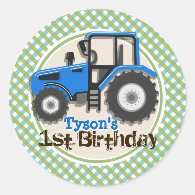 Pegatina Redonda Tractor De Granja Azul Cuta; Cumpleaños Verde (Anverso)