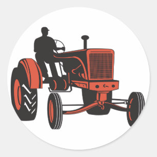 Pegatina Redonda Tractor Rojo Antiguo Tractor Retro Agricultor