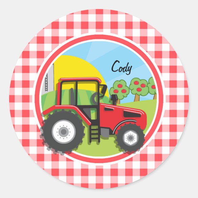 Pegatina Redonda Tractor rojo en Gingham rojo y blanco (Anverso)