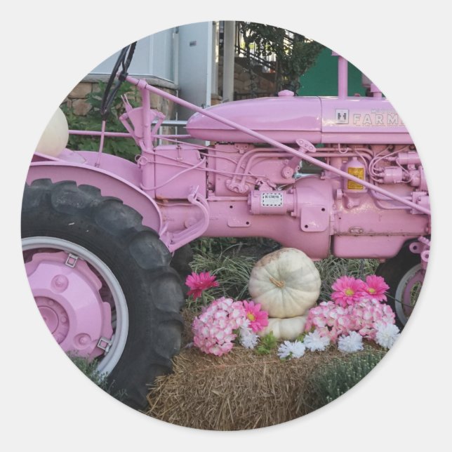Pegatina Redonda Tractor rosa (Anverso)