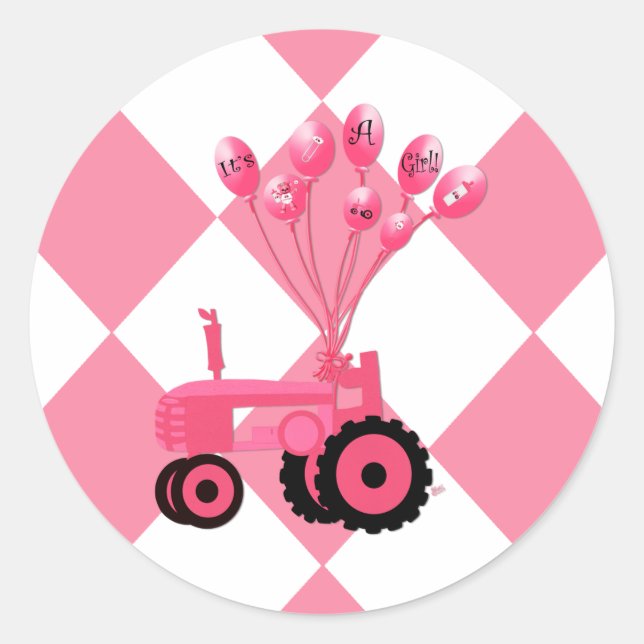 Pegatina Redonda Tractor rosa bebé con Pegatinas de globos (Anverso)