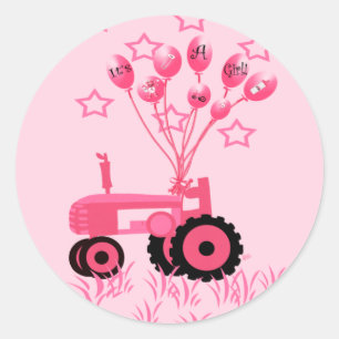 Pegatina Redonda Tractor rosa bebé con Pegatinas de globos