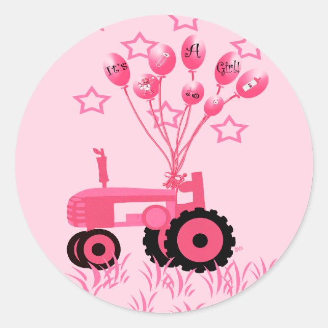 Pegatina Redonda Tractor rosa bebé con Pegatinas de globos (Anverso)