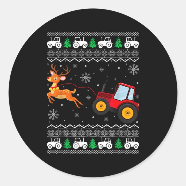 Pegatina Redonda Tractor Ugly Christmas Tree Holiday Funny Xmas Boy (Anverso)