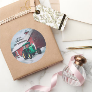 Pegatina Redonda Tractor verde y granero rojo