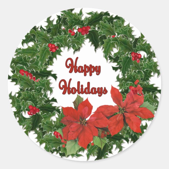 Pegatina Redonda Tradiciones Holly Wreath (Anverso)