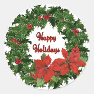 Pegatina Redonda Tradiciones Holly Wreath