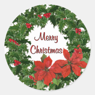Pegatina Redonda Tradiciones Holly Wreath