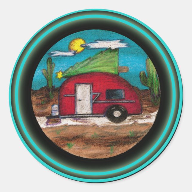 Pegatina Redonda Trailer de navidades con árbol (Anverso)