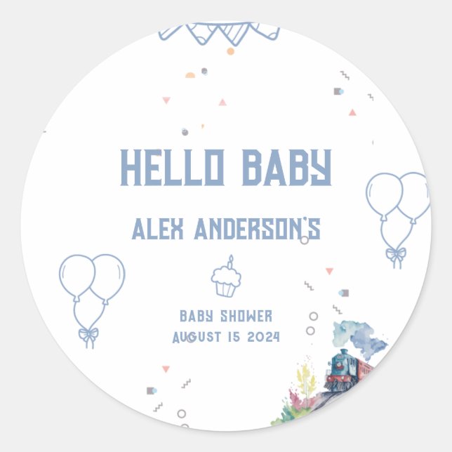 Pegatina Redonda Train Blue Balloons Boy Whimsical Baby Shower (Anverso)