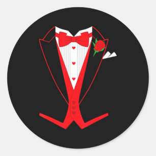 Pegatina Redonda Traje de corbata de lazo rojo de Tuxedo del día de