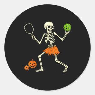 Pegatina Redonda Traje de esqueleto de Halloween de Pickleball espe