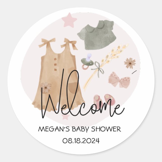Pegatina Redonda Traje sencillo, ropa suave, bienvenida rosa a Baby (Anverso)