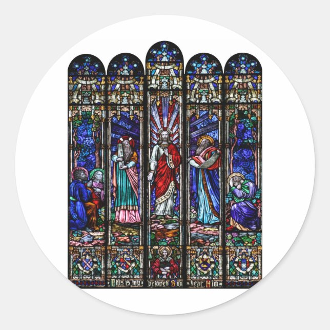 Pegatina Redonda Transfiguración del Arte de Cristal Manchado de Je (Anverso)