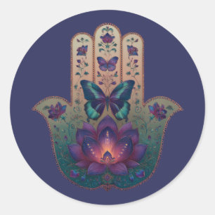 Pegatina Redonda Transformación Sagrada   Diseño de Mano Hamsa