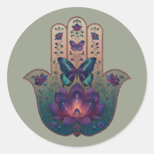 Pegatina Redonda Transformación Sagrada Diseño de Mano Hamsa