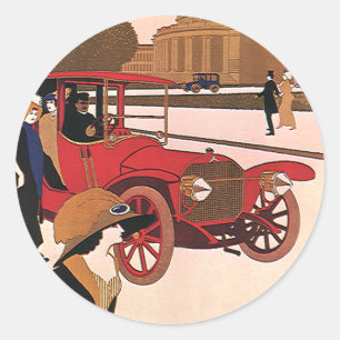 Pegatina Redonda Transporte Antiguo, Automóvil Antiguo Rojo