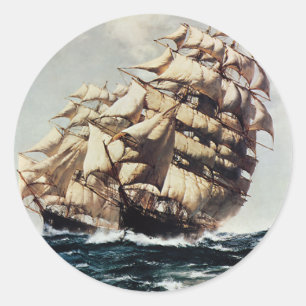 Pegatina Redonda Transporte Antiguo, Barcos Clipper en Mares Agitad