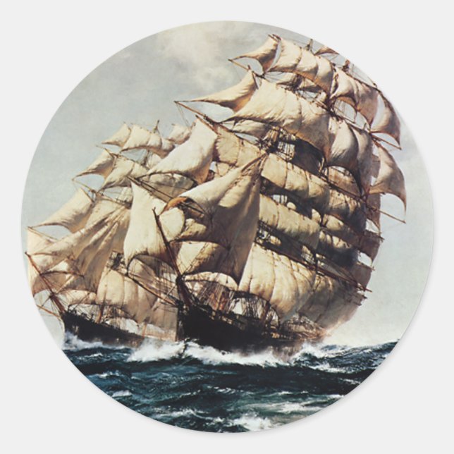 Pegatina Redonda Transporte Antiguo, Barcos Clipper en Mares Agitad (Anverso)