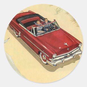 Pegatina Redonda Transporte Vintage, Playa de Coche Convertible Roj
