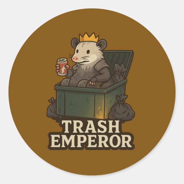 Pegatina Redonda Trash Emperor – Funny Possum Sticker (Anverso)