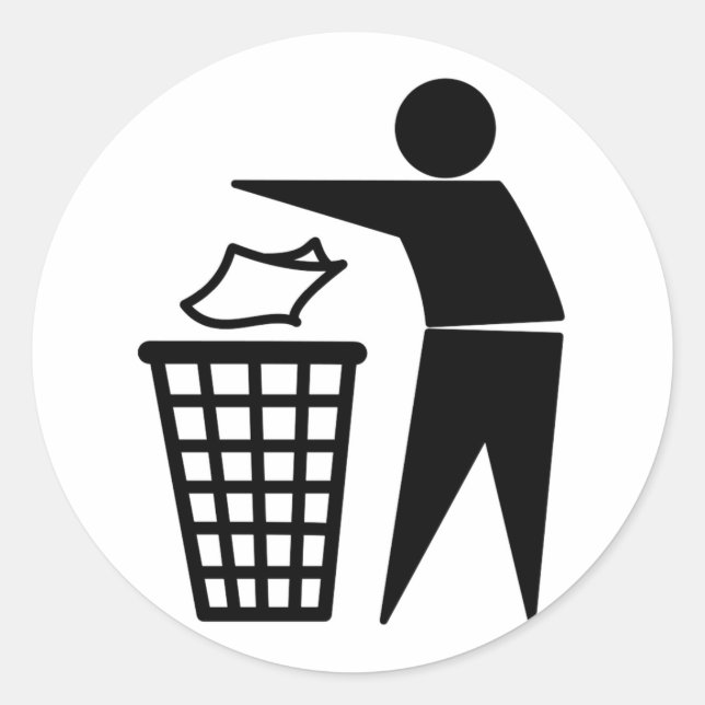 Pegatina Redonda Trash Man Dumping Papel Trash (Anverso)