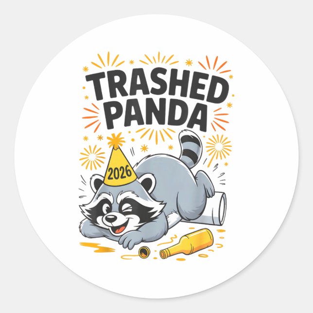 Pegatina Redonda Trashed Panda New Year 2026 Funny Drunk Raccoon  (Anverso)