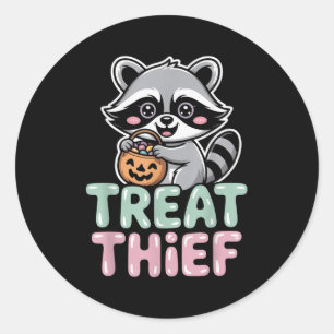 Pegatina Redonda Trate Raccoon Ladrón Con Halloween De Cubo De Cand
