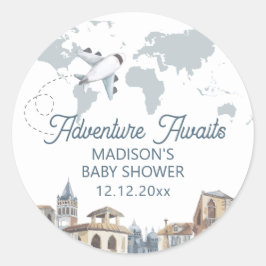 Pegatina Redonda Travel Adventure World Map Airplane Baby Shower