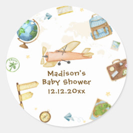 Pegatina Redonda Travel Around The World Airplane Baby Shower 