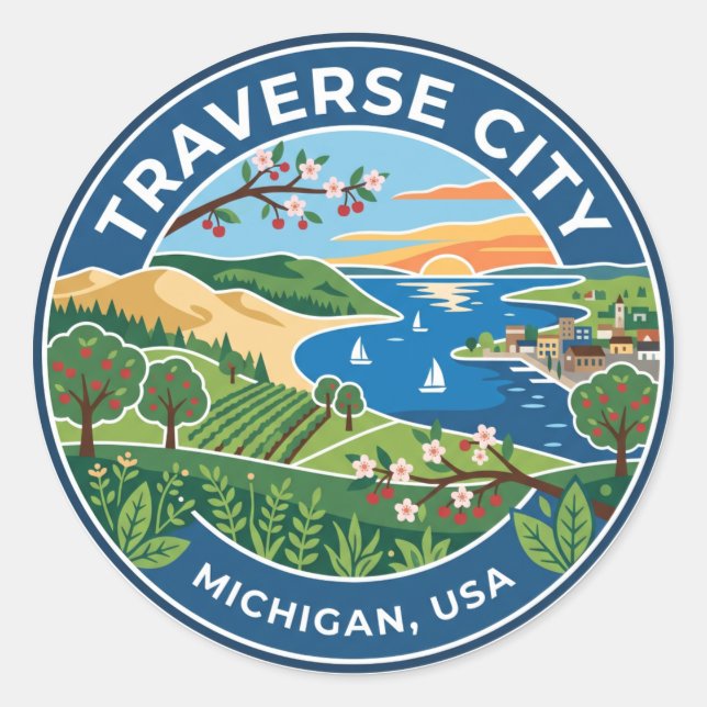 Pegatina Redonda Traverse City Michigan (Anverso)