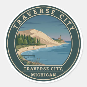 Pegatina Redonda Traverse City Michigan Faros de Dunas de Arena Ret
