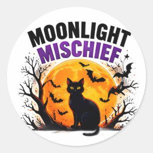 Pegatina Redonda Travesuras a la luz de la luna Gato negro Otoño Ha