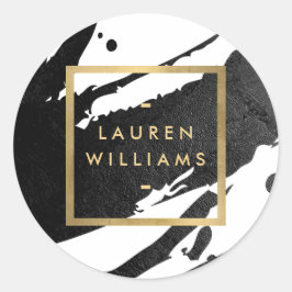 Pegatina Redonda Trazos abstractos de pincel de tinta negra