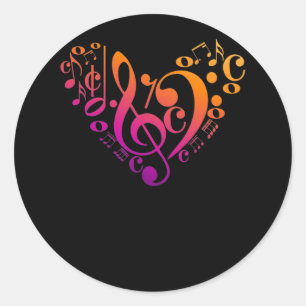 Pegatina Redonda Treble Bass Clef Musical Notes Colorful Heart